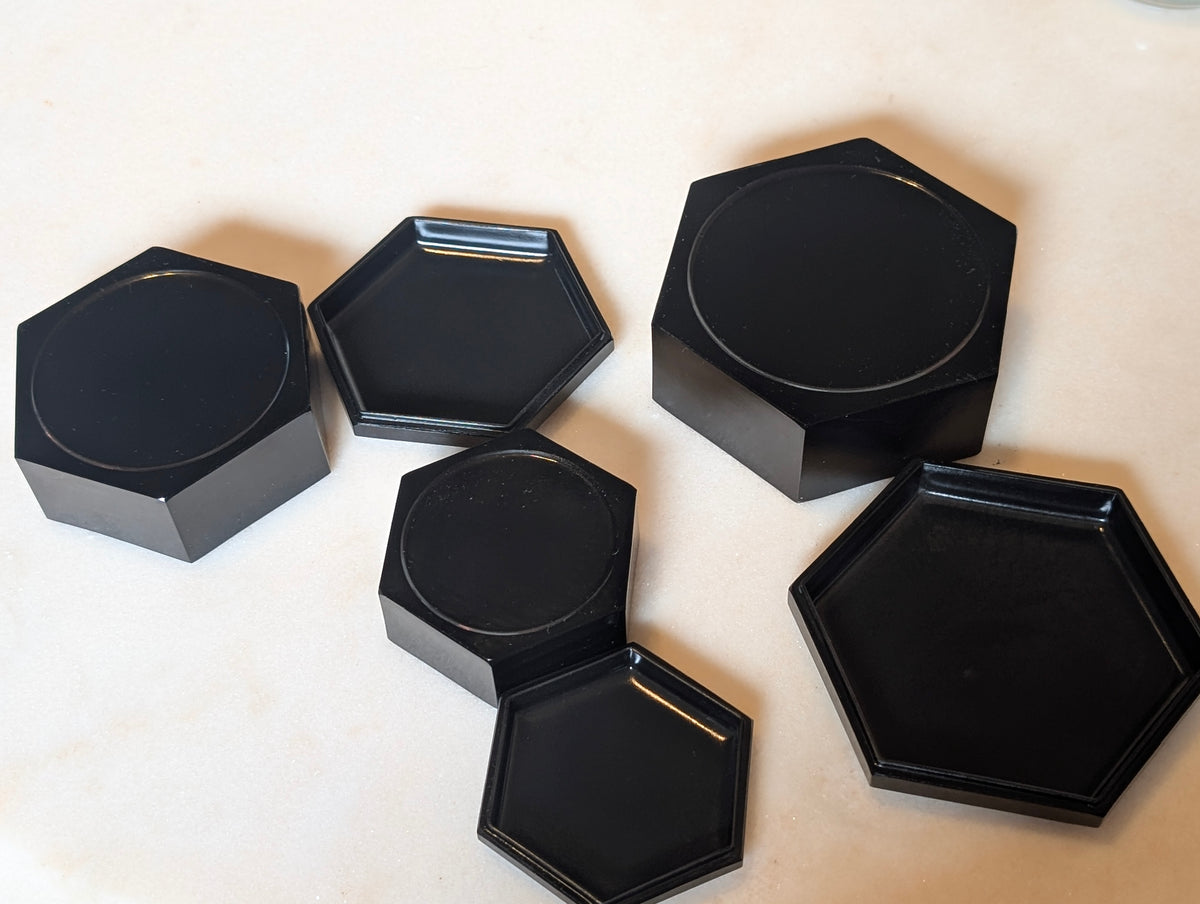 Japanese Black Lacquer Nesting Trinket Boxes Set of 3 Hexagon Mother of Pearl Butterfly Floral