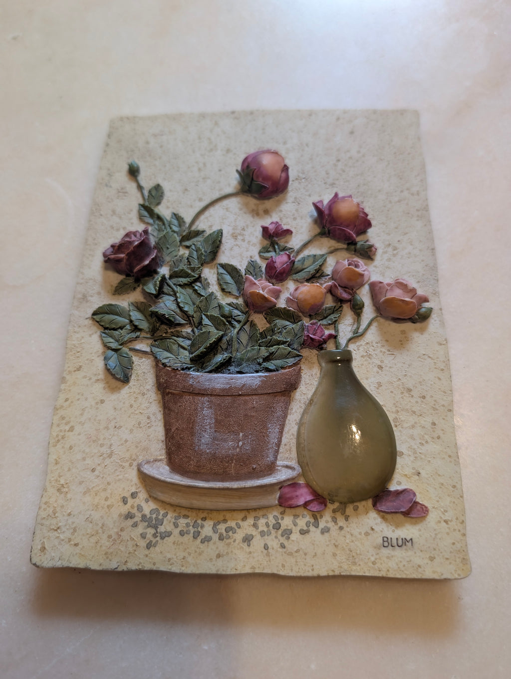 Vintage 3D Floral Wall Plaque – BLUM – Raised Rose Relief Wall Hanging