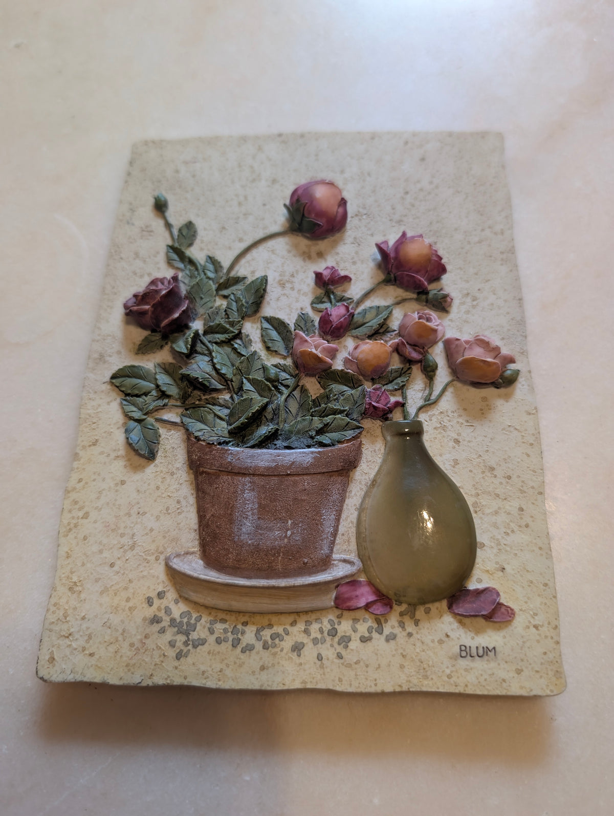 Vintage 3D Floral Wall Plaque – BLUM – Raised Rose Relief Wall Hanging
