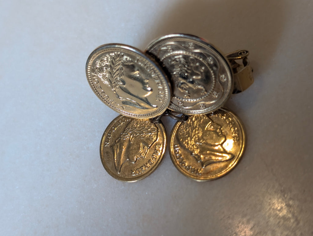 Vintage Sarah Coventry Coin Clip Earrings Gold Tone Napoleon French Coin Design