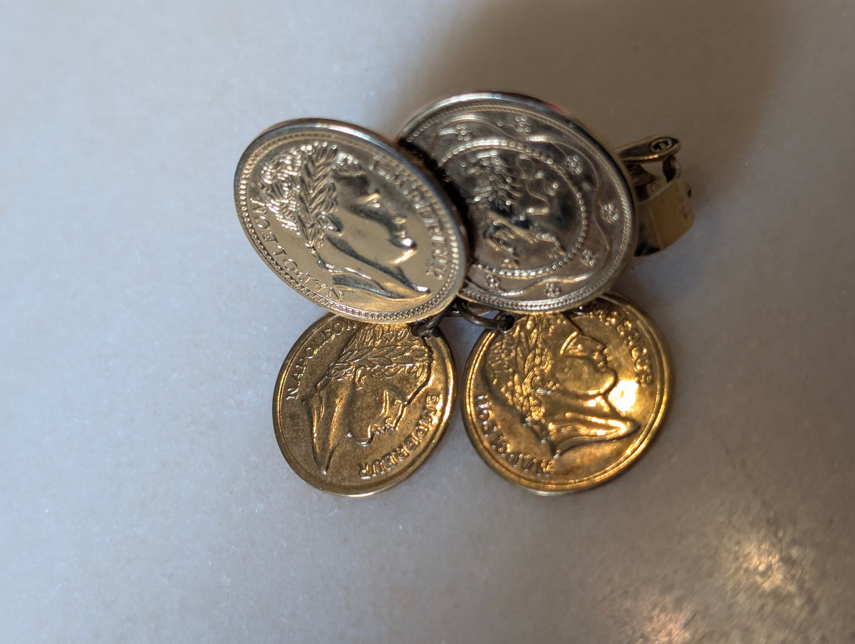 Vintage Sarah Coventry Coin Clip Earrings Gold Tone Napoleon French Coin Design