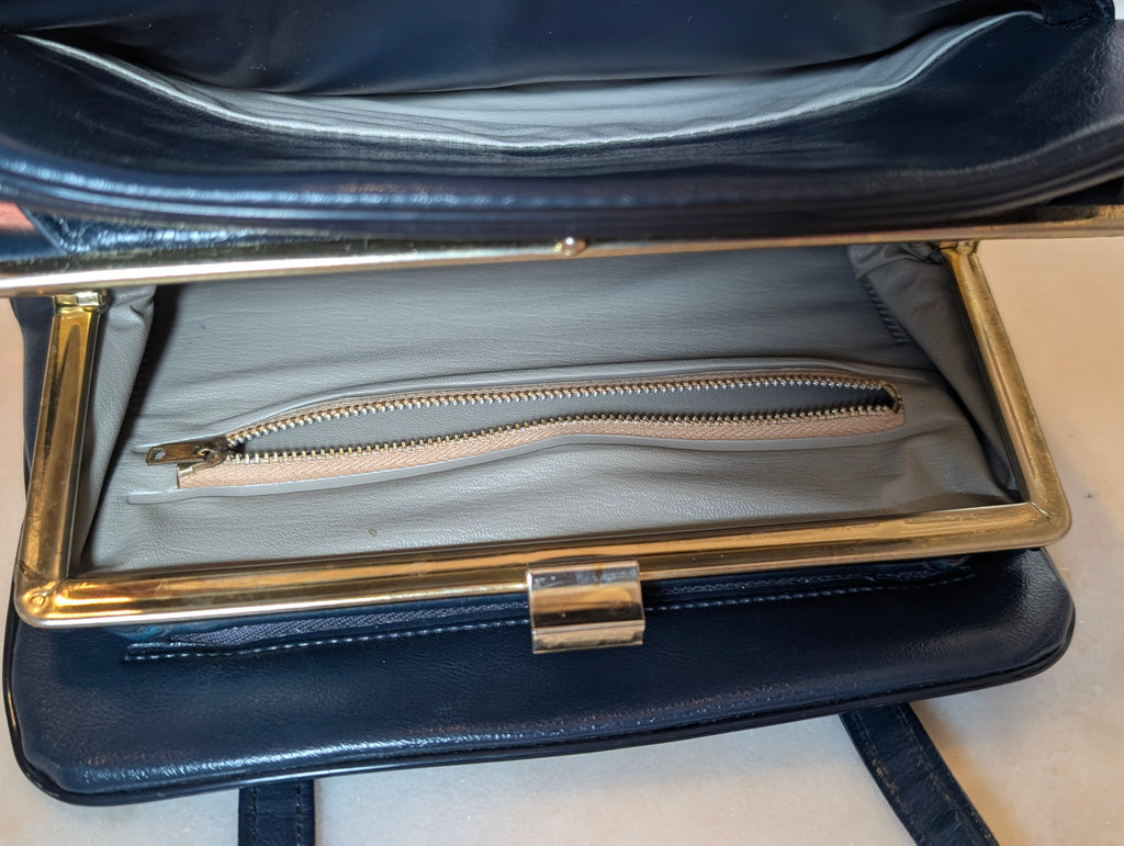 Vintage Navy Blue Frame Handbag Top Handle Purse Structured Bag