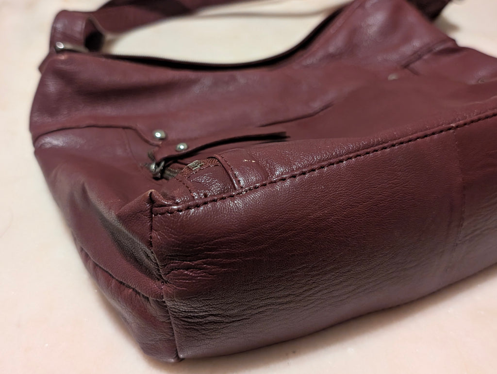 Burgundy Leather Shoulder Bag – Multiple Zip Pockets