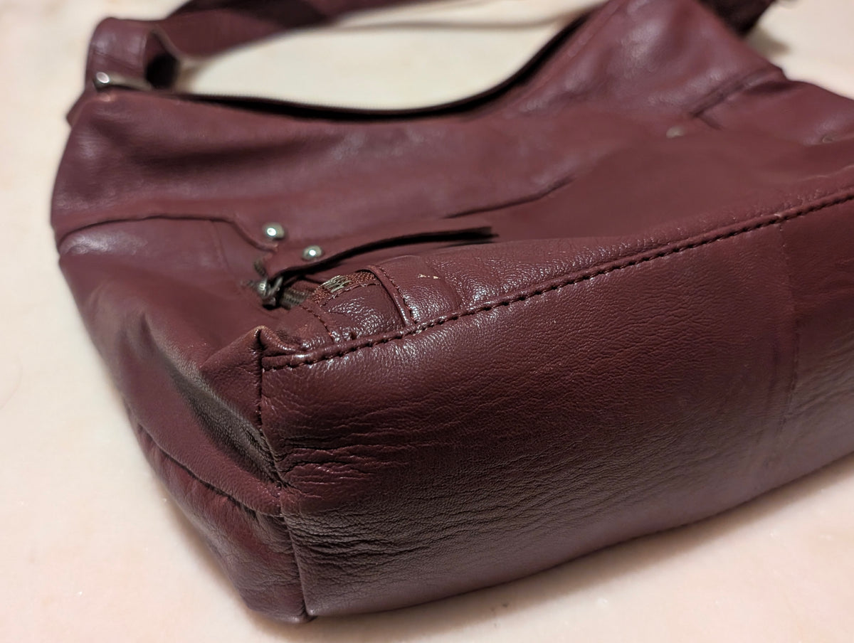 Burgundy Leather Shoulder Bag – Multiple Zip Pockets