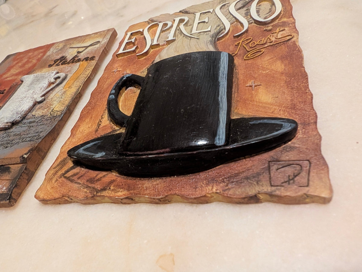 Set of 2 Vintage Italian Coffee Café Wall Plaques 3D Ceramic Espresso Decor