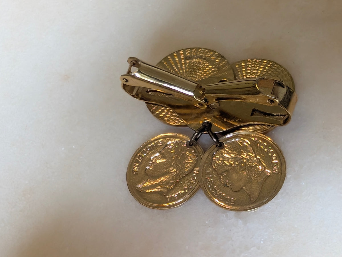Vintage Sarah Coventry Coin Clip Earrings Gold Tone Napoleon French Coin Design