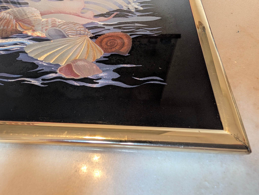 Vintage Kafka Industries #4225 Coastal Seashell Screened Etching Foil Art Framed 1985 USA